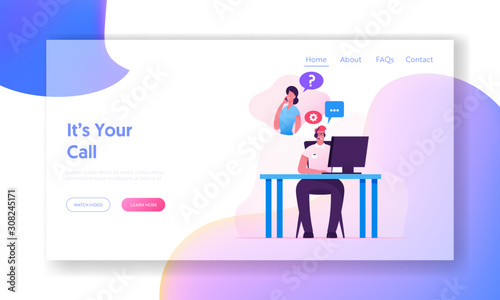 Hotline Call Center Website Landing Page. Technical Support Specialist Solve Client Problem Online. Customer Service Operator and Client Communication Web Page Banner. Cartoon Flat Vector Illustration
