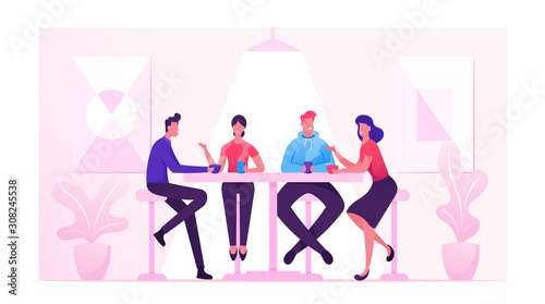Friends Meeting in Cafe or Bar. Company of Young People Having Coffee or Meal in Modern Restaurant Communicating, Chatting, Spending Leisure Time Together on Weekend. Cartoon Flat Vector Illustration