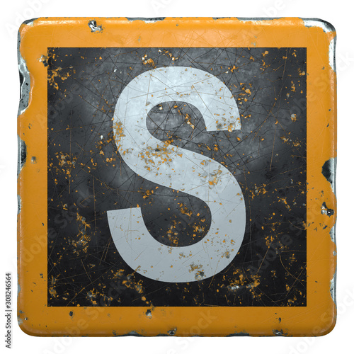 Public road sign orange and black color with a white capital letter S in the center isolated. 3d