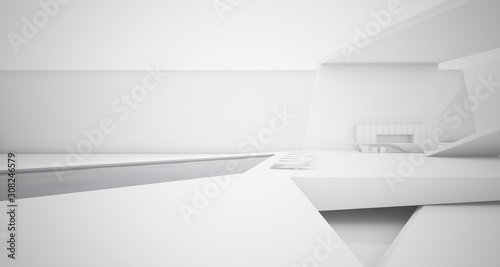 Abstract architectural white interior of a minimalist house with swimming pool. 3D illustration and rendering.