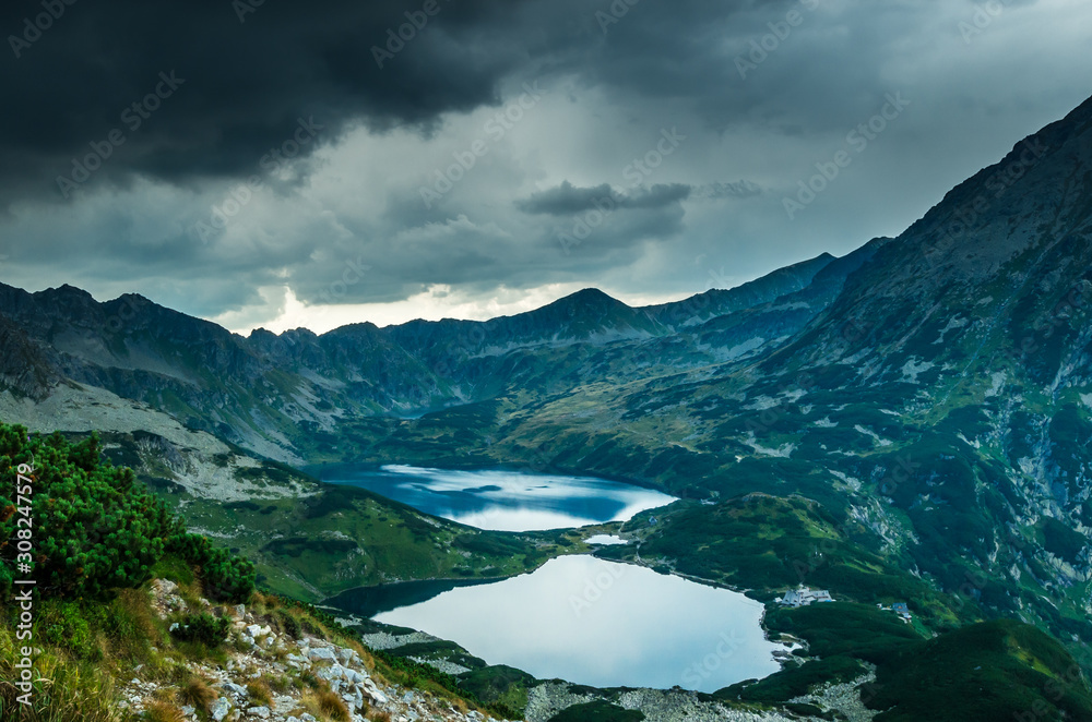 5 lakes valley in Tatra Mountains, Poland. Landscape with lakes and ridges in Poland side of Tatry massif