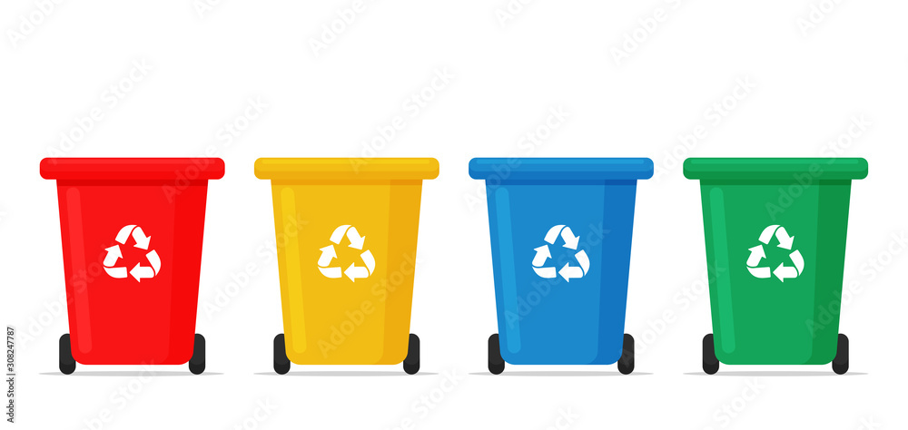 Recycle bin vector. Red, yellow, blue and green recycle bins for sorting  waste. Stock Vector