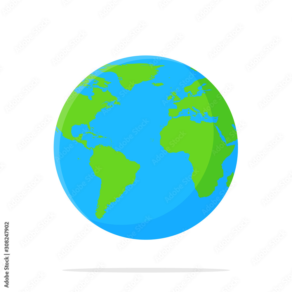 Earth Icon. Vector globe with a flat cartoon world map isolate on white background.