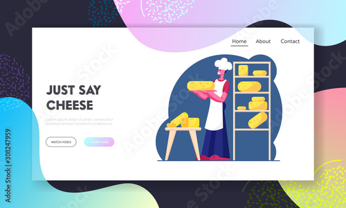 Homemade or Plant Farmers Production Website Landing Page. Cheesemaker Holding Round Cheese Standing near Shelves with Assortment of Different Sorts Web Page Banner. Cartoon Flat Vector Illustration