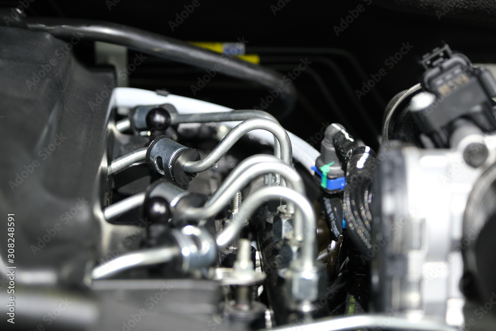 powerful engine of a car. Internal design of engine. Car engine part. Modern powerful car engine.