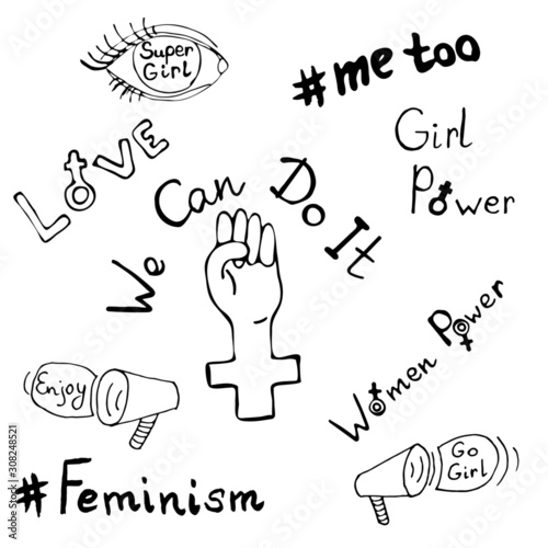 Seth feminism. Signs and symbols of femininity and feminism with motivational inscriptions