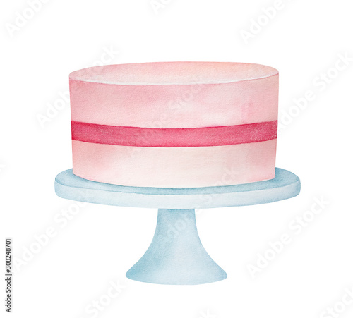 Fotografiet Watercolour sketch of pink festive cake on classic white stand