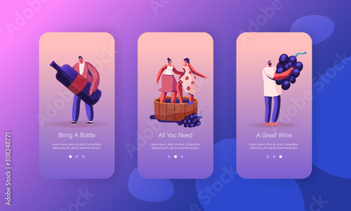 Wine Producing and Drinking Mobile App Page Onboard Screen Set. Characters Grow Organic Grapes and Produce Natural Vine Production Concept for Website or Web Page, Cartoon Flat Vector Illustration