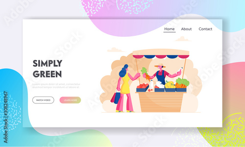 Outdoors Farm Market Website Landing Page. Farmer Sell Fresh Vegetables and Dairy Products to Woman Customer at Counter Desk. Ecological Healthy Food Web Page Banner. Cartoon Flat Vector Illustration