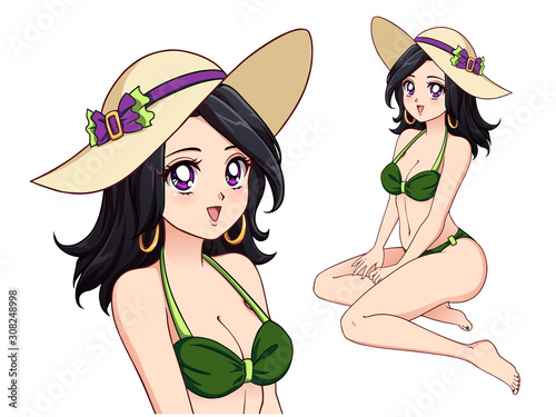 Anime girl wearing green swimsuit and summer hat. Black hair, big violet eyes. Hand draw vector illustration.