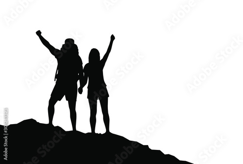 Couple of happy hikers with raised hands on a mountain top. Travel, tourism, hike and adventure concept. Vector illustration.