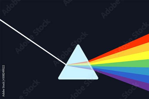 Optics physics. The white light shines through the prism. Produce rainbow colors in illustrator.