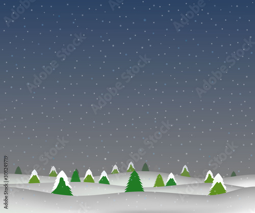 Vector illustration of nature landscape in night winter. Pine trees landscape with snowfall in the night. Design for winter theme banner.