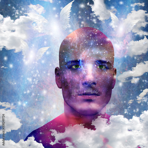 Mans head with stars and clouds. Its made of Stars