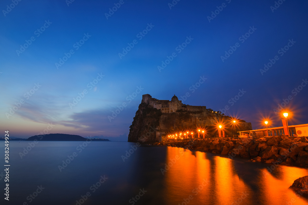Aragonese castle at early sunrise. Naples region, Ischia island, Italy