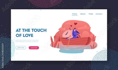 Happy Couple Floating Boat Website Landing Page. Male and Female Characters Hugging, Rowing with Paddle. Loving People Summertime Vacation Sparetime Web Page Banner. Cartoon Flat Vector Illustration