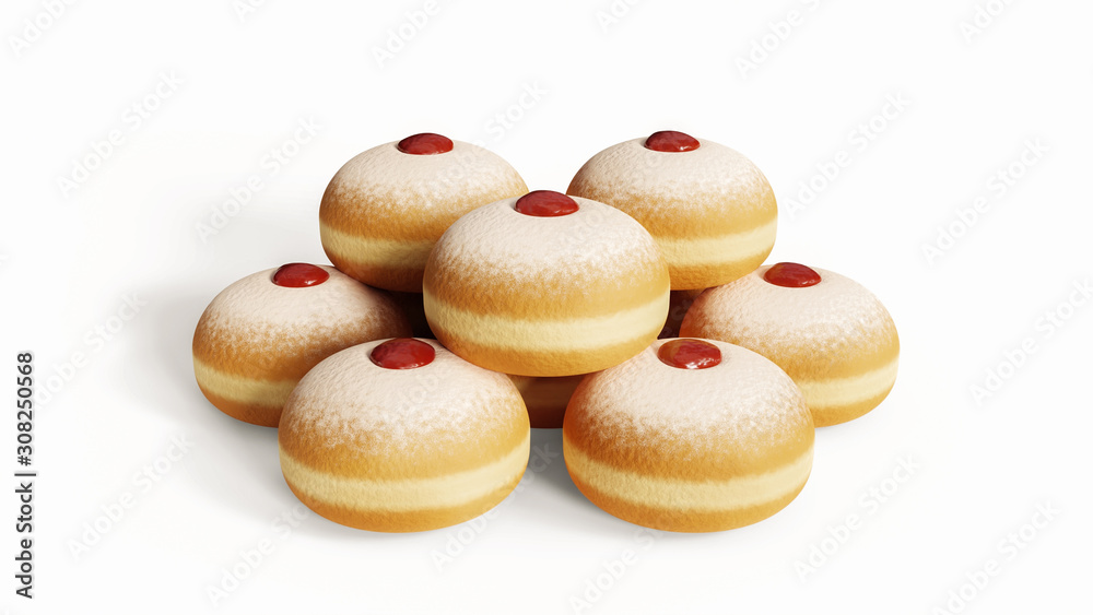 Traditional Hanukkah donuts with jelly, jam isolated on white