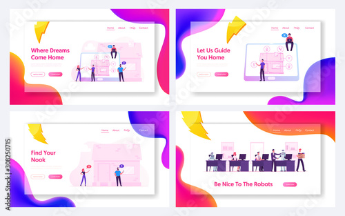 Smart House Technology, Human vs Robots Website Landing Page Set. People using Internet of Things App, Cyborgs Working in Office with Businesspeople Web Page Banner. Cartoon Flat Vector Illustration