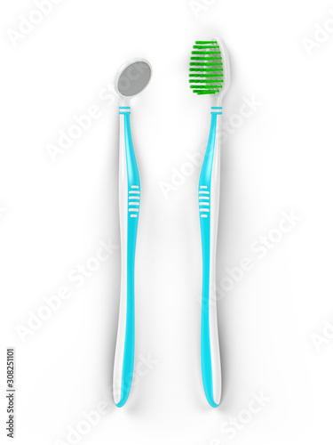 No trademarks. My own design of the toothbrush and the dental mirror. 3D Illustration.