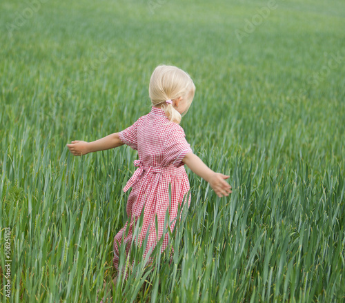 Fototapeta Naklejka Na Ścianę i Meble -  little girl in a checkered dress in a field with green grass