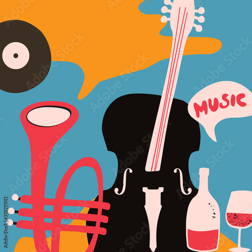 Music and wine promotional poster with violoncello and trumpet flat vector illustration. Colorful music background, music show, live concert events, party flyer design template