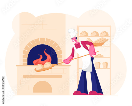 Young Man Baker Wearing White Apron and Toque Put Raw Bread for Baking in Burning Oven on Restaurant or Bakehouse Kitchen. Handmade Pastry and Dough Production Shop. Cartoon Flat Vector Illustration