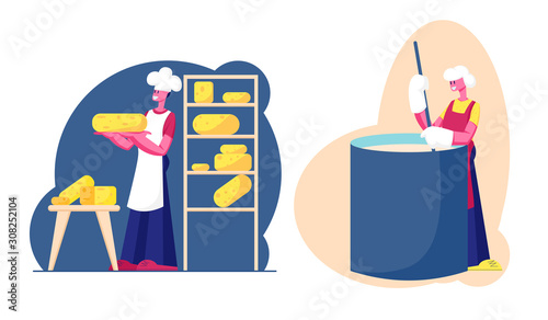 Cheese Factory, Dairy Production Industry Plant. Worker Mixing Fresh Milk in Creamery or Huge Mixer, Put Bricks on Shelf on Modern Manufactory Machinery Food Producing Cartoon Flat Vector Illustration