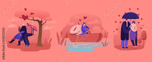 Loving Couples Relations Set. Young People in Love Spend Time Together, Man and Woman Walking under Umbrella in Rainy Weather Floating on Boat and Riding Swing in Park Cartoon Flat Vector Illustration