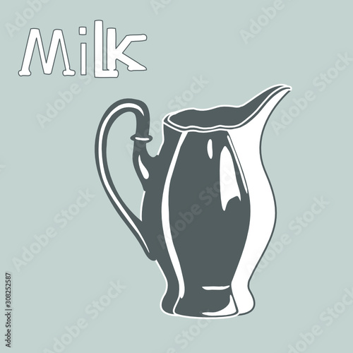 porcelain milk jug on a gray isolated background with the inscription