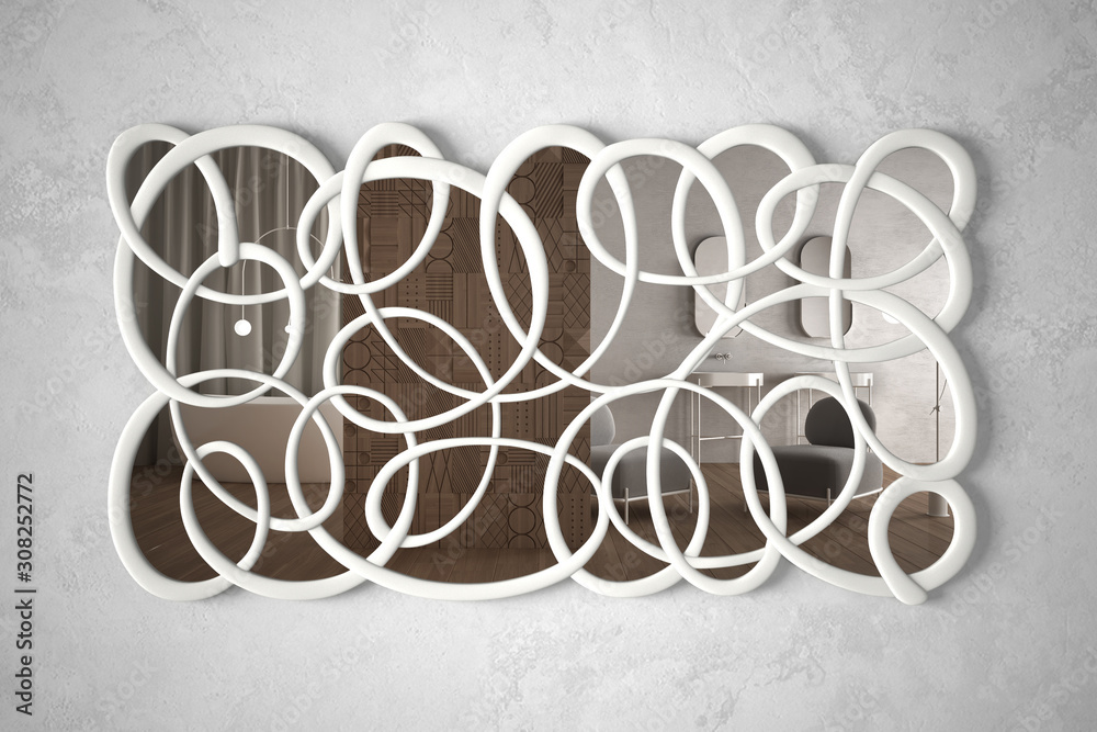 Modern twisted shape mirror hanging on the wall reflecting interior design scene, bright white bathroom with partition, minimalist white architecture, architect designer concept idea Modern twisted shape mirror hanging on the wall reflecting interior design scene, bright white bathroom with partition, minimalist white architecture, architect designer concept idea