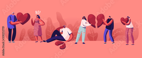 Lovers in End of Loving Relations Concept. Young Man and Woman Pull Apart Broken Heart Parts Blaming Each Other Feel Great Sorrow. Disagreement, Cheating and Parting. Cartoon Flat Vector Illustration
