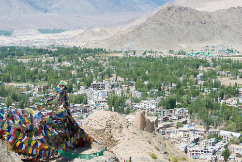 Ladakh, India - Jul 02 2019 - Beautiful scenic view from Namgyal Tsemo Monastery (Namgyal Tsemo Gompa) in Leh, Ladakh, Jammu and Kashmir, India. photo