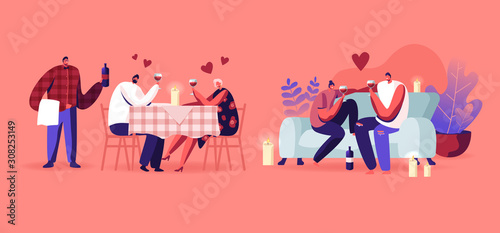 Set of Loving Couple Having Romantic Date at Home and Restaurant. Man and Woman Sitting at Table with Candles Waiter Bringing Wine  Boyfriend and Girlfriend on Couch. Cartoon Flat Vector Illustration