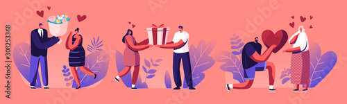 Young Man Giving Present to Happy Surprised Woman on Valentines Day or Birthday. Human Relations, Loving Couple Gift. Male and Female Characters Friendship or Love. Cartoon Flat Vector Illustration