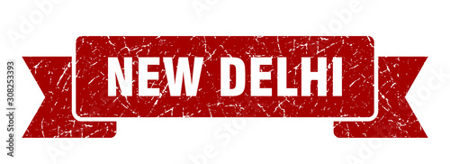 New Delhi ribbon. Red New Delhi grunge band sign