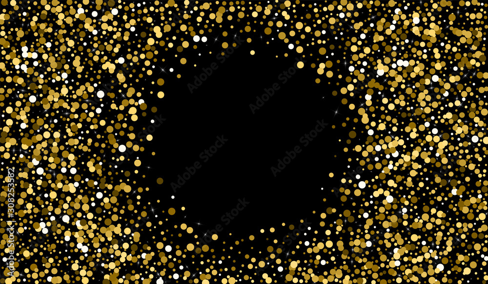 Gold Confetti Bright Wallpaper. Golden Glow Pattern. Golden Texture. Gold Polka Art Illustration. Confetti Golden Design.
