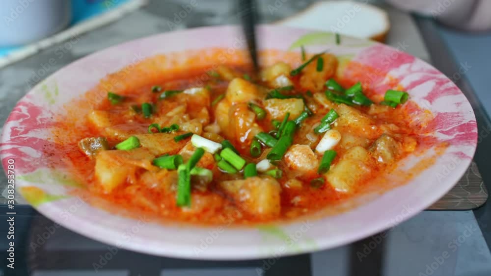 Hungarian goulash, pork stew with potatoes in pink plate. Hungarian goulash, pork stew with potatoes in pink plate.