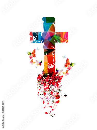 Colorful christian cross with music notes isolated vector illustration. Religion themed background. Design for gospel church music, concert, festival, choir singing, Christianity, prayer 