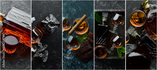 Photo banner. Photo collage with brandy bottle and glasses. On a black stone background.
