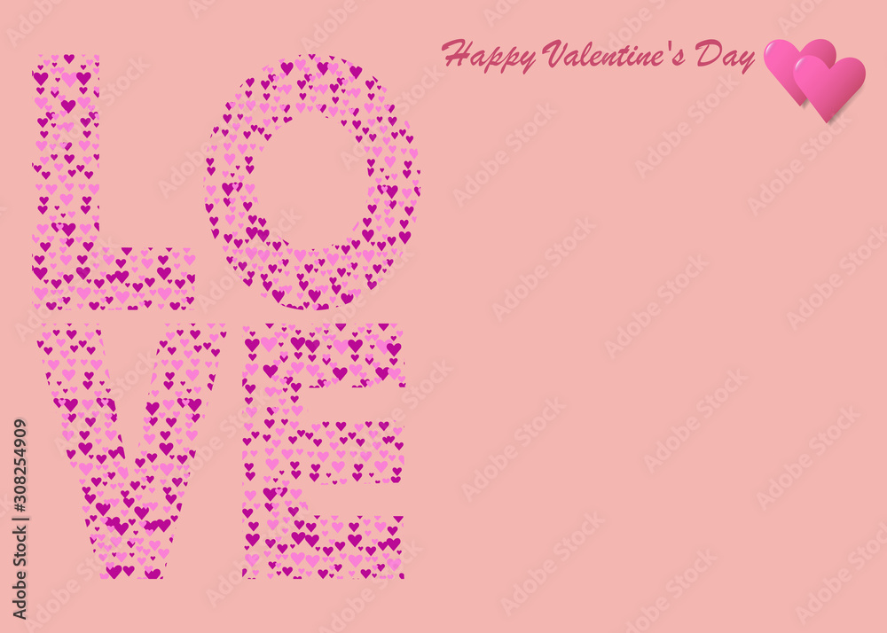 The big inscription Love created from a number of hearts is on the left side of the vector. All is on trendy red color background. 