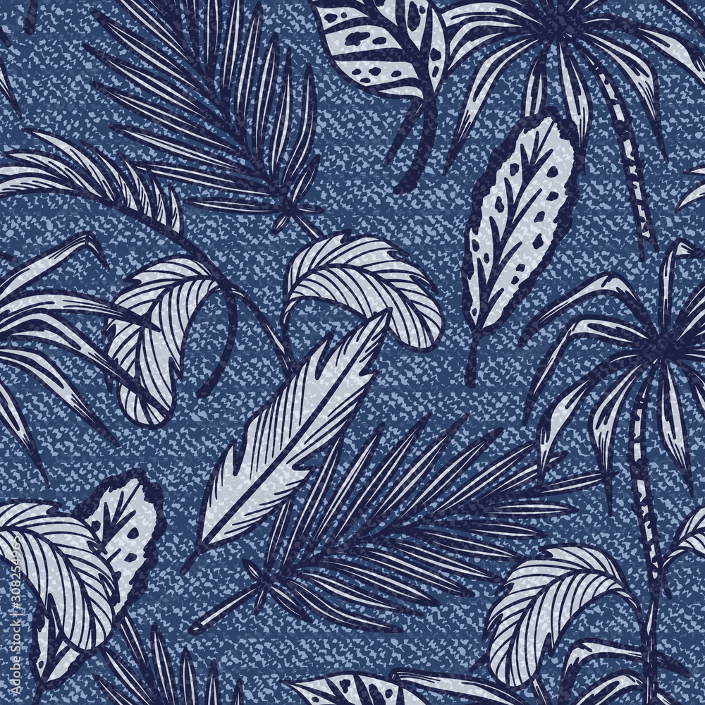 Denim Floral Seamless Pattern with Tropical Palm Tree Leaves. Vector
