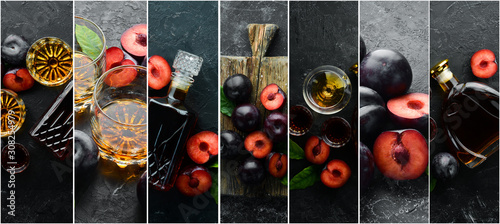 Photo banner. Photo collage of plum brandy. Plum alcoholic drink. On a black stone background. photo