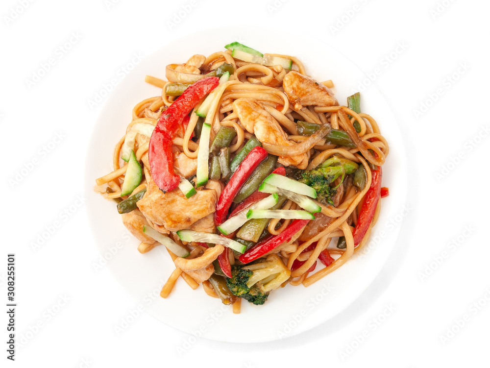 Wheat noodles - udon with chicken, green onions, green beans, paprika, broccoli, cucumber and unagi sauce. On a white plate. White background. Isolate View from above. Wheat noodles - udon with chicken, green onions, green beans, paprika, broccoli, cucumber and unagi sauce. On a white plate. White background. Isolate View from above.