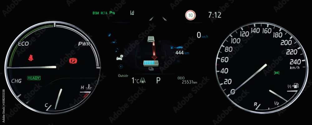 Illustration of close up shot of display indicating battery charge level, speedometer, power monitor, odometer, fuel gauge. Car counter showing energy monitor of engine and battery use in hybrid car.