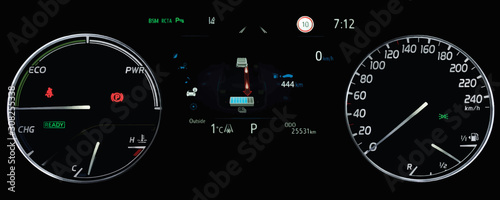 Illustration of close up shot of display indicating battery charge level, speedometer, power monitor, odometer, fuel gauge. Car counter showing energy monitor of engine and battery use in hybrid car.