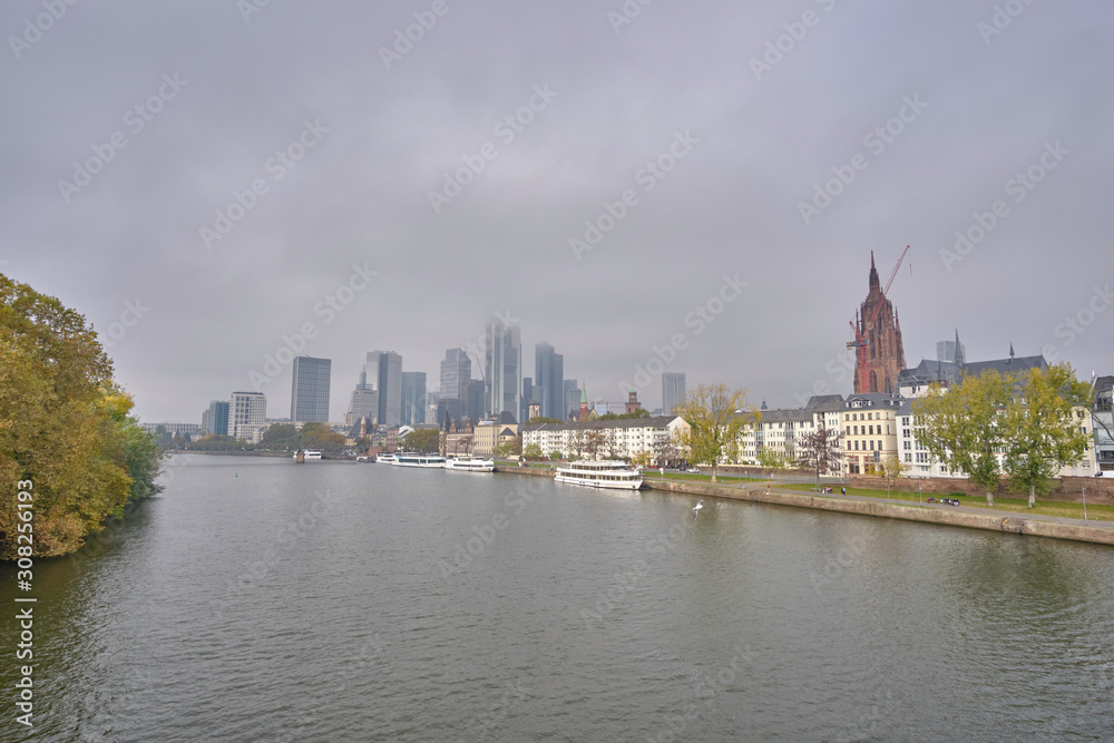 Scenic view of Frankfurt am Main -  metropolis and largest city of german federal state of Hesse in Germany. Beautiful summer look of downtown of big german financial city