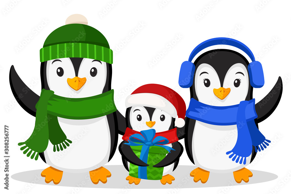 Family of penguins and the little penguin with a gift on white background. Christmas characters Family of penguins and the little penguin with a gift on white background. Christmas characters