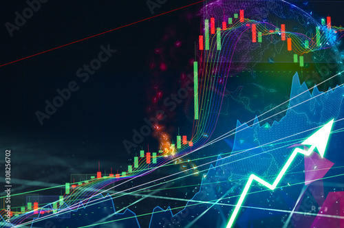 Stock market digital graph chart on LED display concept. A large display of daily stock market price and quotation. Indicator financial forex trade education background.