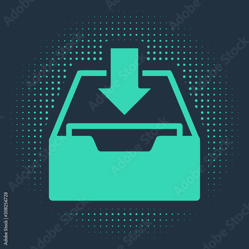 Green Download inbox icon isolated on blue background. Add to archive. Abstract circle random dots. Vector Illustration