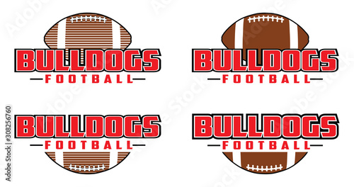 Bulldogs Football Design is a team design template that includes text and a football in a graphic style. Includes four design versions. Great for advertising and promotion for teams or schools.